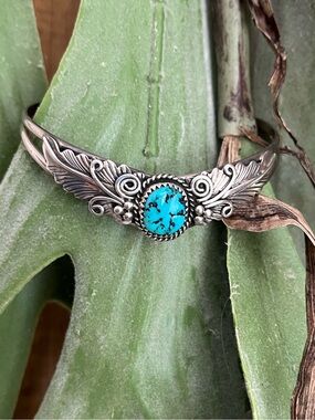 Turquoise & Silver Handcrafted Feather Cuff Bracelet
